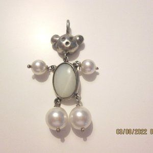 Silvertone "BEAR" Moonstone & Pearl Dangle Pendant
